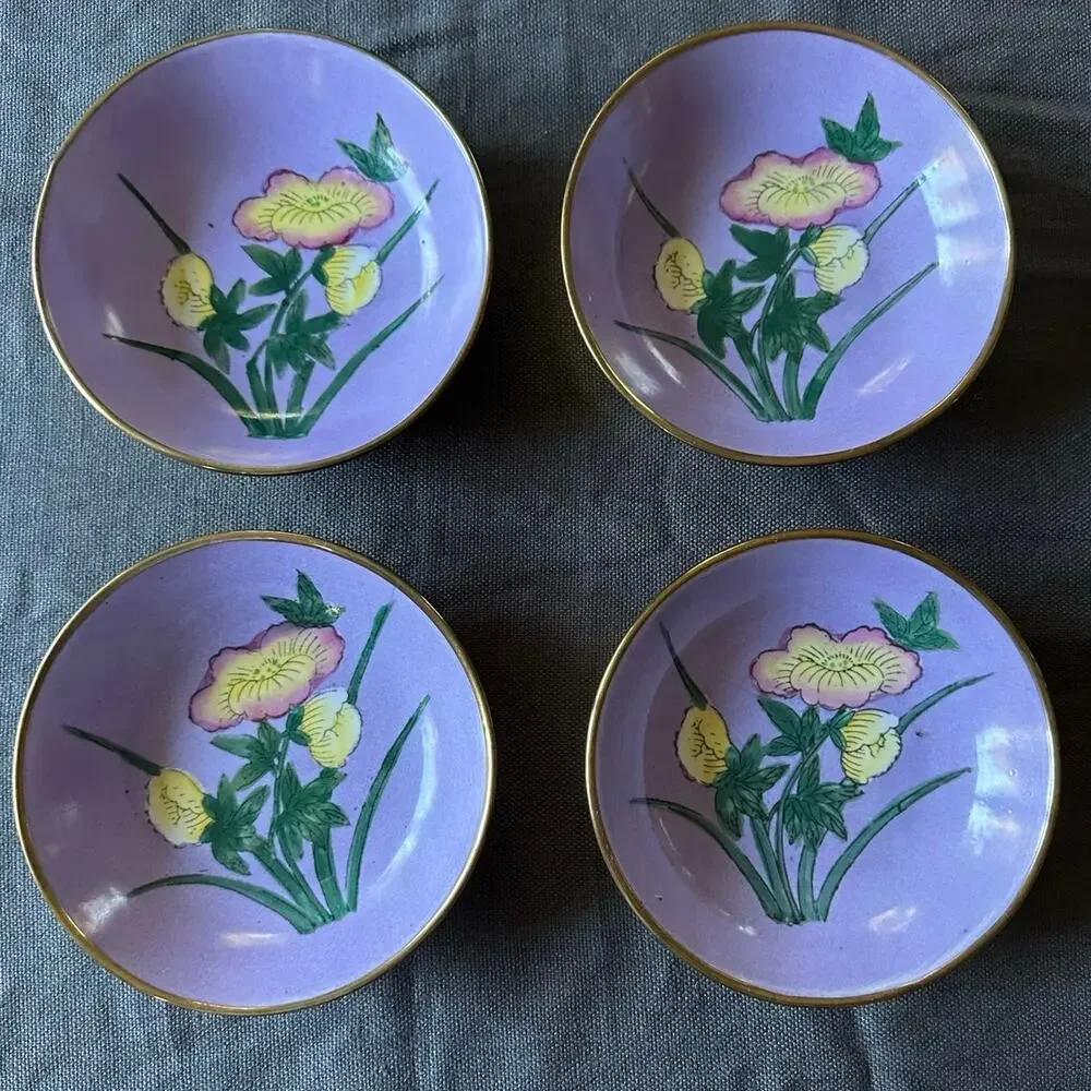 Vintage Chinese Brass Encased Hand Painted Porcelain Bowls set 4 wall art hang